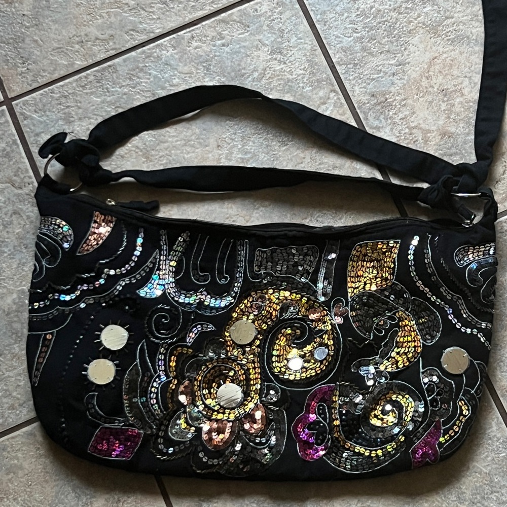 vintage bohemian style bag ,Black sequin and rhinestone embellished - Picture 11 of 11